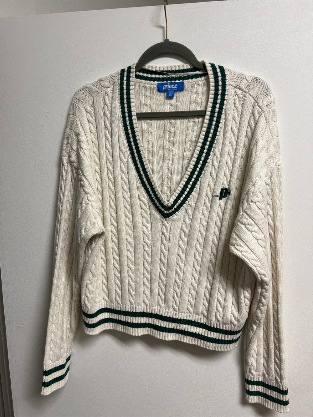Prince Cream Cotton Cable Knit V-Neck Sweater Dark Green Trim Retro Preppy XL - Picture 6 of 6